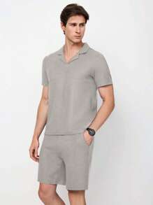 RueChic Herren Sommer Uni Polokragen Kurzarm T-Shirt und Shorts Lässig 2-teiliges Set