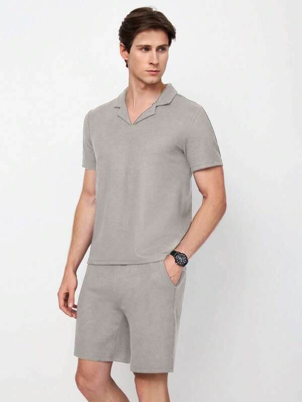 RueChic Set de 2 piese pentru bărbați, vară, culoare solidă, cu rever, tricou și pantaloni scurți cu mânecă scurtă, casual