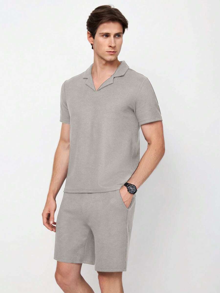 RueChic Herren Sommer Uni Polokragen Kurzarm T-Shirt und Shorts Lässig 2-teiliges Set