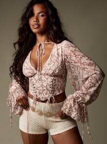 MISSGUIDED Floral Chiffon Corset Crop Top Balloon Sleeve Cottage Core Festival Ruched Victorian Renaissance Lace Up Blouse Summer Spring - Multicolor - View 4