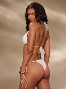 Hauture Summer Sexy Vacation Textured Tier Ruffled Halter Bikini Top - White - View 3