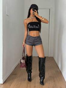 StreetHx 女式街头风格条纹插袋休闲低腰短裤 - 深灰色 - 查看 4