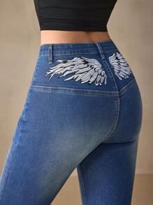 SHEIN EZwear Fashionable Embroidered Stretch Denim Flare Pants - Medium Wash - View 3