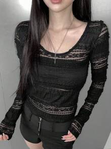 DAZY 女款大廓型性感哥德風圓領透視蕾絲黑色長袖上衣，適合春夏萬聖節與秋季，女裝夜店聚會穿搭 - 黑色 - 查看 6