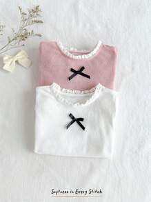 Cozy Pixies 2pcs/Set Baby Girl Ruffled Collar Bow Decor Short Sleeve Pullover Top - Multicolor - View 1