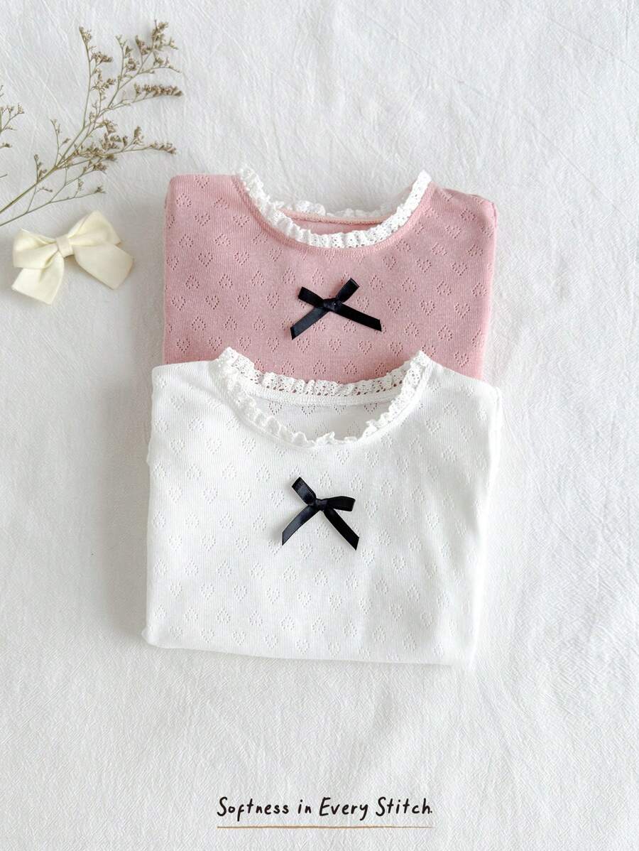 Cozy Pixies 2pcs/Set Baby Girl Ruffled Collar Bow Decor Short Sleeve Pullover Top - Multicolor - View 1