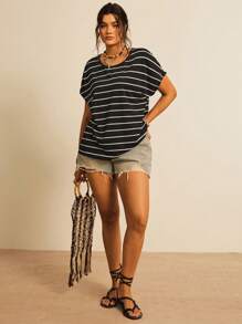 Freevana Áo thun cổ tròn tay ngắn họa tiết sọc cầu vồng Boho cỡ lớn, thường ngày khi đi nghỉ, dành cho mùa hè - Đen và trắng - Xem 4