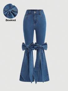SHEIN Girlism Pantalones vaqueros acampanados de tela elástica azul oscuro con decoración de moño para niñas preadolescentes con estilo Y2k urbano y fresco. Un conjunto de prendas casual, versátil y a la moda para el uso diario o en vacaciones y fiestas de cumpleaños de niñas preadolescentes.