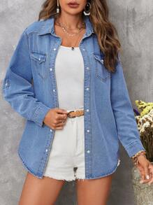 EMERY ROSE 女式单排扣卷袖宽松牛仔休闲上衣