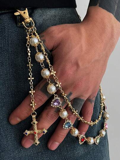 Grunge Punk Hip-Hop Design Colorful Rhinestone Cross Waist Chain Pendant Decor Faux Pearl Ornament Chain Pants