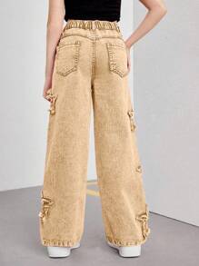 SHEIN Tween Girls Y2K 风格粉色刺绣星星阔腿牛仔裤，时尚街头休闲百搭时尚女孩四季必备单品 - 卡其色 - 查看 2