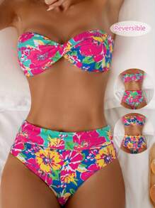 Swim Vcay 2025 花卉印花吊带露脐上衣和高腰短裤比基尼套装（可双面多穿），夏季海滩度假 - 彩色 - 查看 3