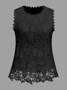 Rometta 大码女式圆领无袖蕾丝拼接优雅吊带背心衬衫 - 黑色 - 查看 1