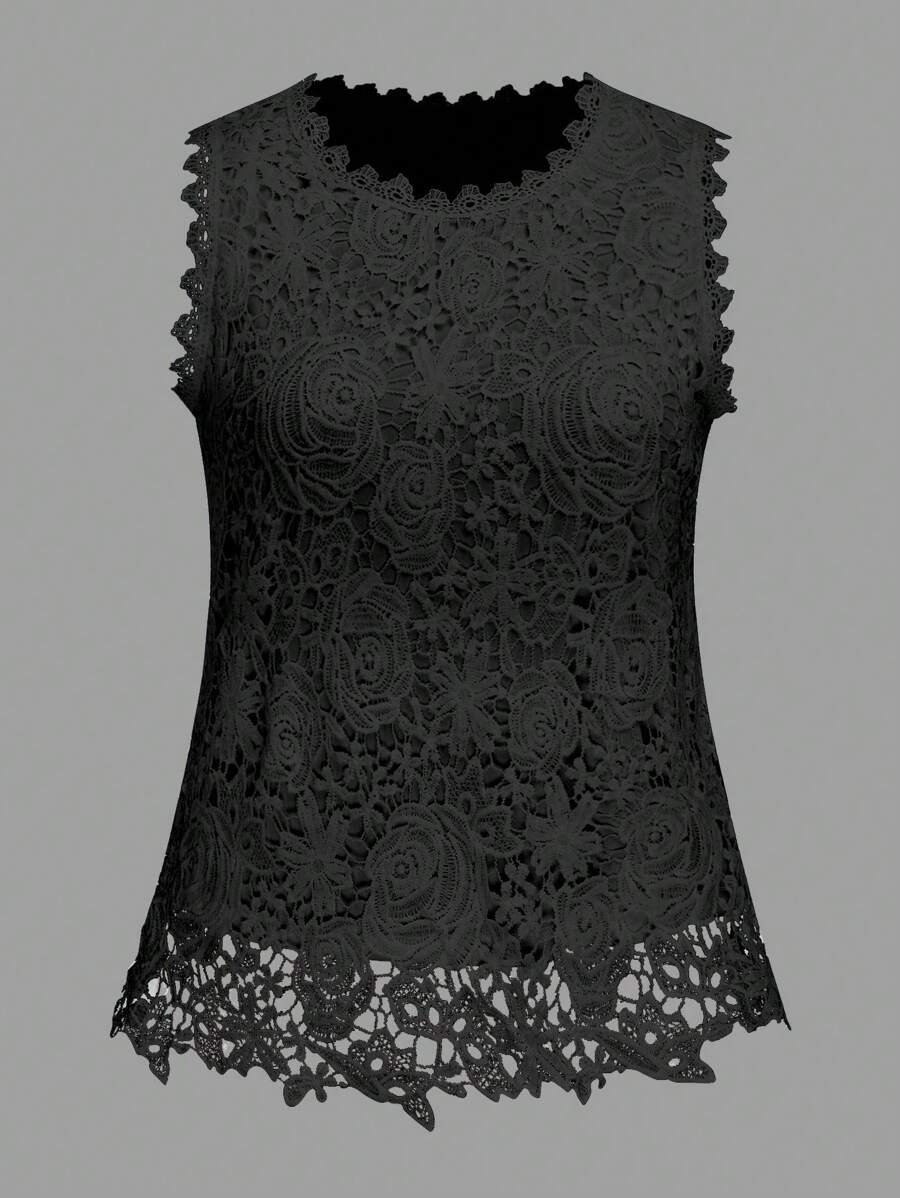 Rometta 大码女式圆领无袖蕾丝拼接优雅吊带背心衬衫 - 黑色 - 查看 1