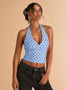 SHEIN BAE Áo ba lỗ hở vai in chấm bi đen thường ngày, thích hợp mặc khi ăn sáng, đi chơi, hẹn hò, đi làm, thường ngày, Ibiza - Màu xanh lam - Xem 6