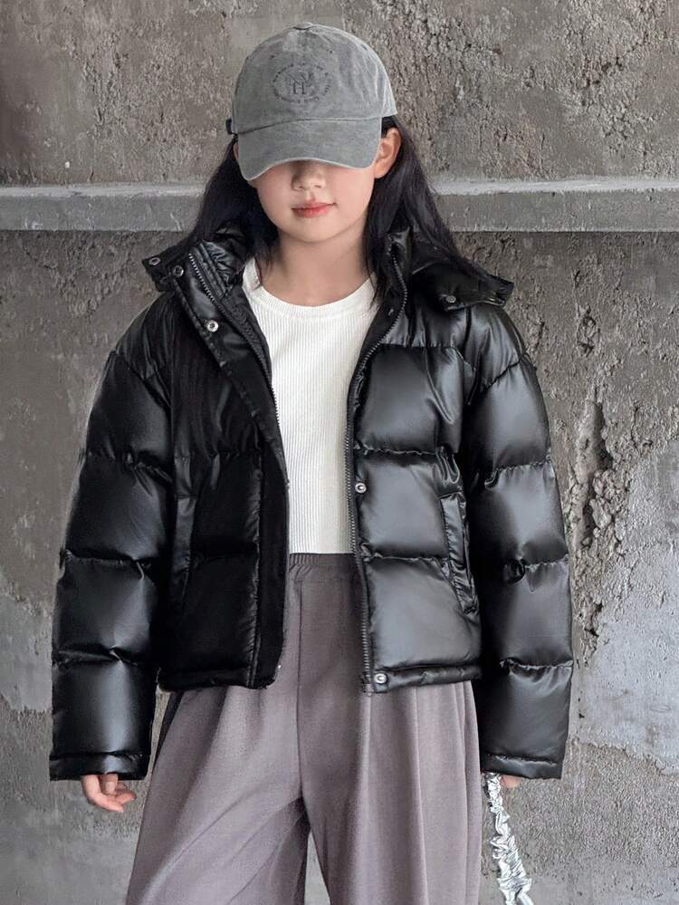 Tween Girls Hooded Casual Solid Color Long Sleeve Padded Coat
