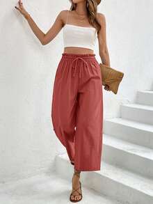 SHEIN Frenchy 女士松紧腰抽绳宽松舒适休闲裤，夏季 - 紅木色 - 查看 5