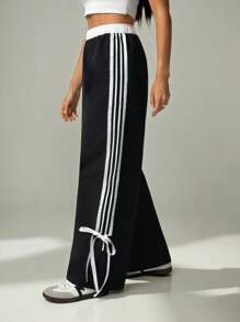 SHEIN Tall Women's Black Woven Fabric Casual Long Pants With Side Stripe Detail And Ankle Ties