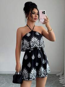 Elenzga Women's Floral Print Ruffle Trim Halter Neck Casual Romper - Black - View 4