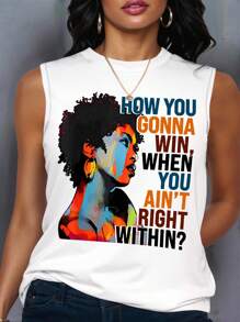 Maweii Plus Size Casual Graphic Slogan Print Tank Top, Summer - White - View 1