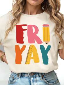 SHEIN EZwear 大码夏季休闲铅笔字母印花短袖 T 恤 - 杏色 - 查看 1