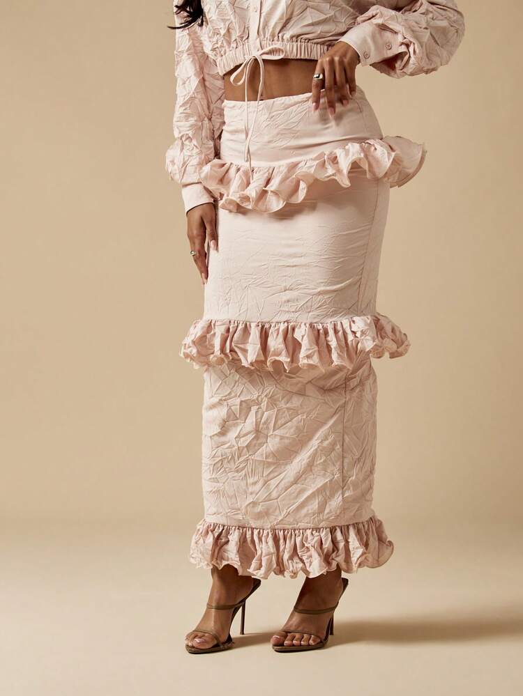 MISSGUIDED Crinkle Fabric Maxi Skirt Victorian Style Ruffle Trim Long Occasion Wear Fall Winter Elegant Evening Formal Wear