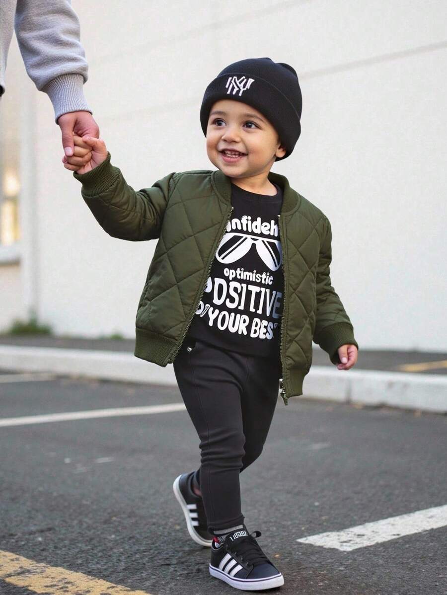 SHEIN Baby Boy Ribbed Collar & Cuffs Plain Diamond Patterned Thick Jacket,In Fall/Winter - Army Green - View 1