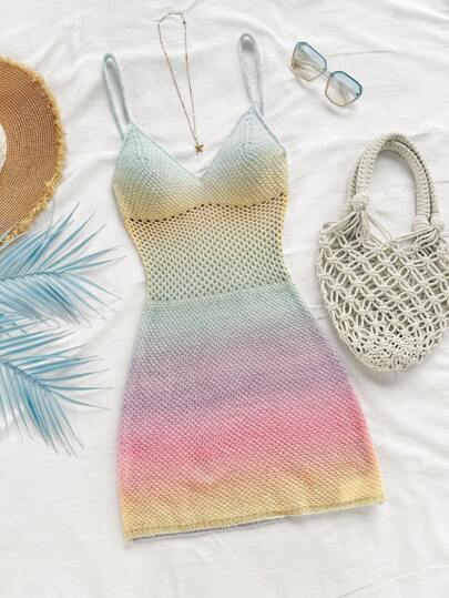 Soleia Vestido de playa mini de punto con tirantes degradados para mujeres