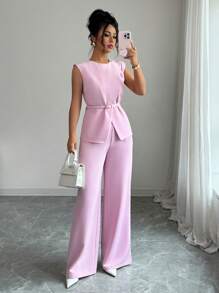 Elenzga 女士优雅办公室通勤休闲下午茶派对装，领腰金属纽扣可调节肩部不对称下摆分层衬衫搭配宽松阔腿裤套装，2 件套，春夏 - 粉色 - 查看 6