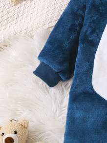 SHEIN Playful Pals 2pcs Baby Boy Fleece Monster Claw Color Blocked Long Sleeve Hooded Jumpsuit And Mittens Set, Blue & White Baby Boy Shark Clothes Baby Costume Boy Baby Animal Costume Funny Baby Costume Baby Boy Costume Fall Winter - Royal Blue - View 5