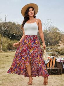 SHEIN LUNE Váy suông họa tiết hoa nhún bèo cỡ lớn cho nữ, đi nghỉ hè - Đỏ - Xem 6