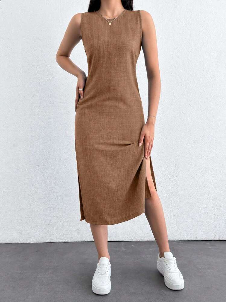 EURMUSE Casual Solid Color Sleeveless Side Split Midi Dress, Summer - Brown - View 3