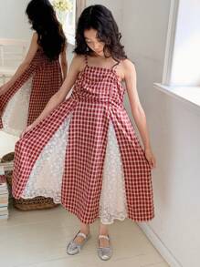 Dazy Kids Girl's Fashionable Plaid Cami Dress - Red and White - View 3