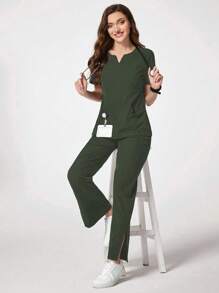 TaskEZ Conjunto de uniforme de pijama médico con top de manga corta de cuello en V de unicolor y pantalones con bolsillo - Verde militar - Ver 5