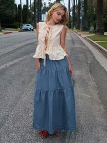 DAZY 女士弹力腰带多层荷叶边休闲牛仔中长裙 - 藍色 - 查看 7