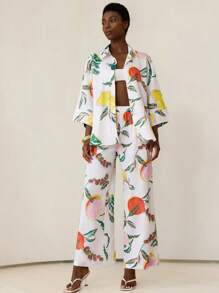 Aveloria Modichic [Phong cách Châu Âu và Mỹ] Áo sơ mi sợi tre in hình trái cây rộng rãi + Quần ống rộng in hình trái cây giản dị chất lượng cao, Bộ 2 món sảng khoái cho nữ - Nhiều màu - Xem 4