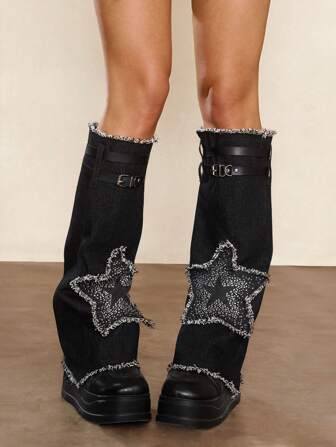Grunge Punk 1 Paar Punk-Stil Lederriemen Schlaghose Beinwärmer mit Strass Stern Design, einzigartige gefranste Beinwärmer, vielseitige Gothic Fashion Accessoires