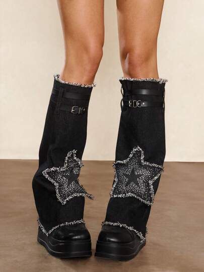 Grunge Punk 1 Pair Punk-Style Leather Strap Bell-Bottom Leg Warmers With Rhinestones Star Design, Unique Fringed Leg Warmers, Versatile Goth Fashion Accessories, Halloween