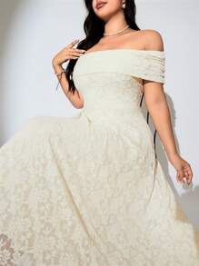 Modelyn 大码女式碎花蕾丝褶饰露肩优雅连衣裙