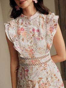 Anewsta 女士腰部收紧镂空刺绣印花优雅中长度假连衣裙 - 珊瑚橙 - 查看 2