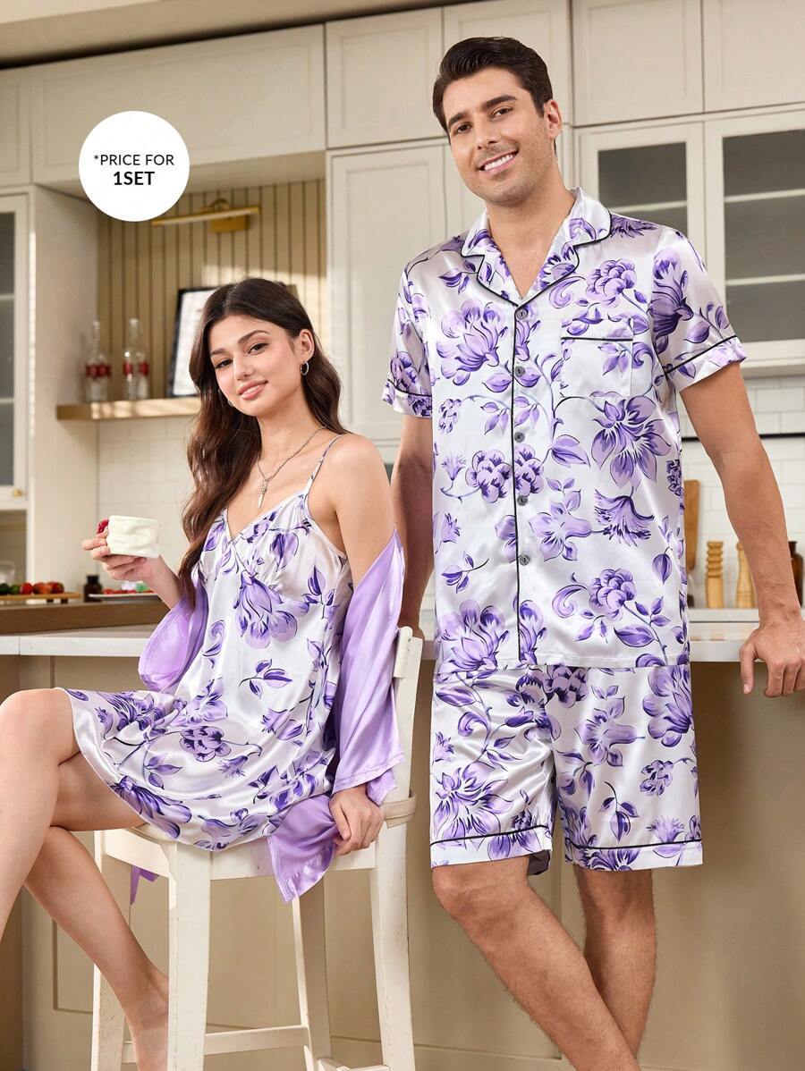 Conjunto de pijama elegante de satén con estampado floral para hombres