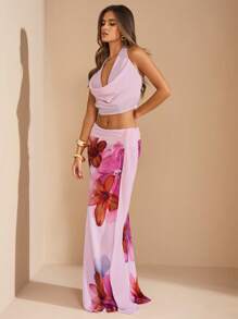 SHEIN BAE Bộ váy maxi 2 mảnh phong cách Boho dành cho nữ, áo cổ lọ buộc dây sau lưng họa tiết hoa màu hồng và chân váy dệt dài - Hồng - Xem 5