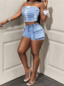 BamGleam Sexy Denim Shorts For Women, Suitable For Going Out And Parties - Blue - View 6