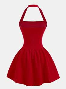 Firerie Kids Firerie Kids Tween Girls Casual Elegant Red Knit Spaghetti Strap Snug Fit Fit-And-Flare Mini Dress, Suitable For Valentine's Day, Halloween, Party, Everyday, Back To School Outfit Red Dress For Tween Girls Halter Neck Red Dress Red Skater Dress Sleeveless Red Dress Party Dress For Tween Girls