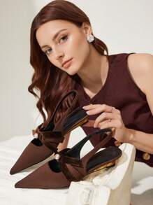 CUCCOO CHICEST New Summer Women Shoes, Elegant Romantic Pointy-Toe Wedge Heels With Pearl & Bow Decor, Chocolate Color, Suitable For Tea, Dates, Parties, Fashion Outfits - Brown - View 4
