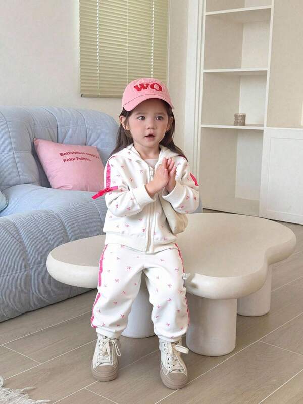 SHEIN 2 Stücke/Set Baby Mädchen Kleinkind 0-3 Jahre alt Schmetterlinge Kapuzenjacke + Hose, Lässig Outfit, geeignet für alle Jahreszeiten, Herbst/Winter