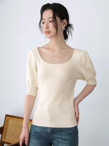 SHEIN Unity Tops de punto de manga corta abullonada con cuello redondo en color albaricoque para mujer, suéteres de otoño para mujeres, para la escuela, profesoras, vuelta al cole - Albaricoque - Ver 6