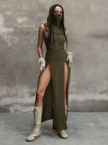 ROMWE Grunge Punk Y2K 千禧年复古末日荒原风格连帽低胸高开衩连衣裙 - 軍綠色 - 查看 1