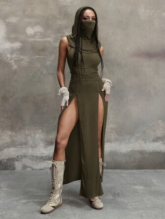 Grunge Punk Vestido con capucha, escote pronunciado y abertura alta en el estilo vintage apocalíptico y de desperdicio del Milenio Y2K