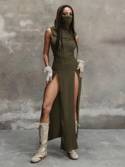 Grunge Punk Abito con cappuccio, scollo a V profondo e spacco alto in stile vintage apocalittico e di terra desolata dello stile Y2K del millennio